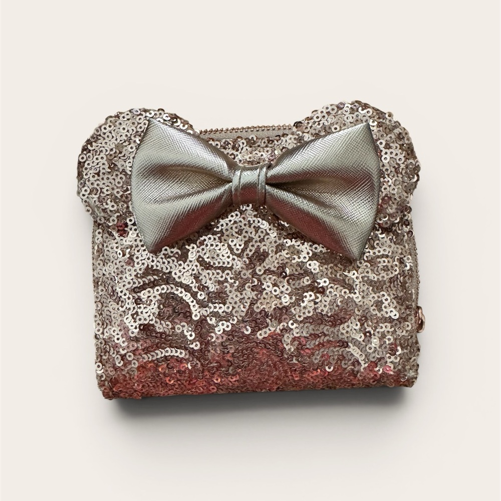Loungefly Rose Gold Sequin Bow Disney Parks Wallet Minnie Ears